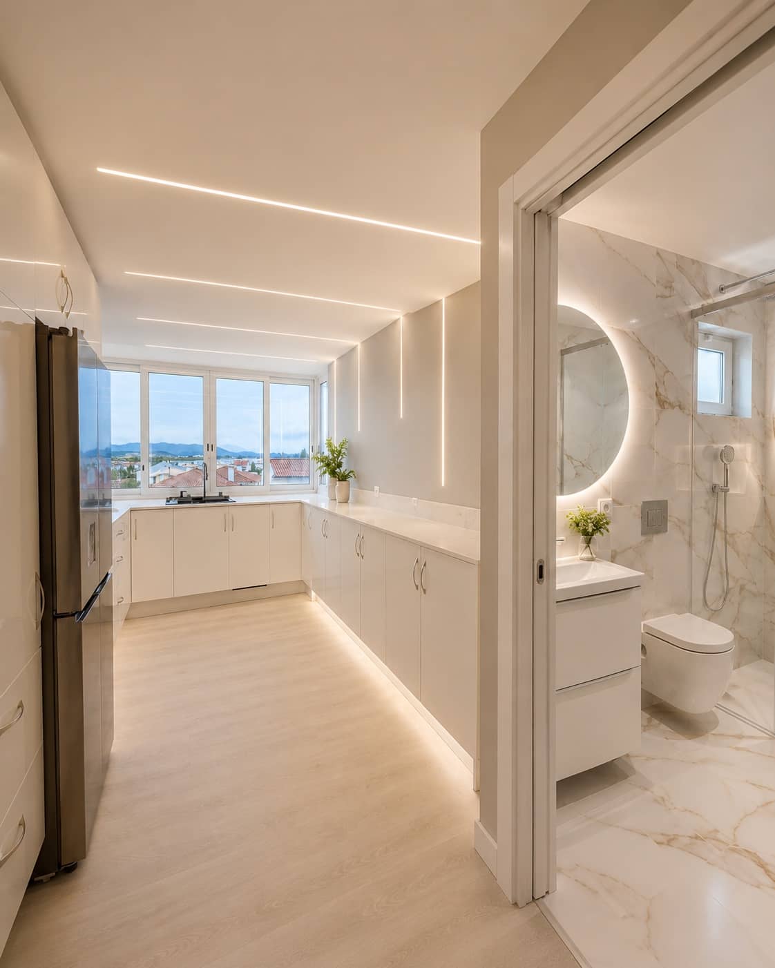 Apartamento remodelado em Portugal pela Alcance Flexível LDA, vista da cozinha através da casa de banho em mármore com iluminação LED