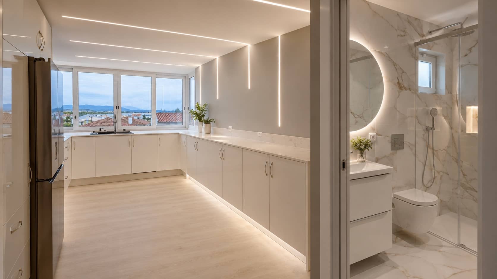 Cozinha e casa de banho remodeladas com mármore, iluminação LED linear e vista panorâmica, obra da Alcance Flexível LDA